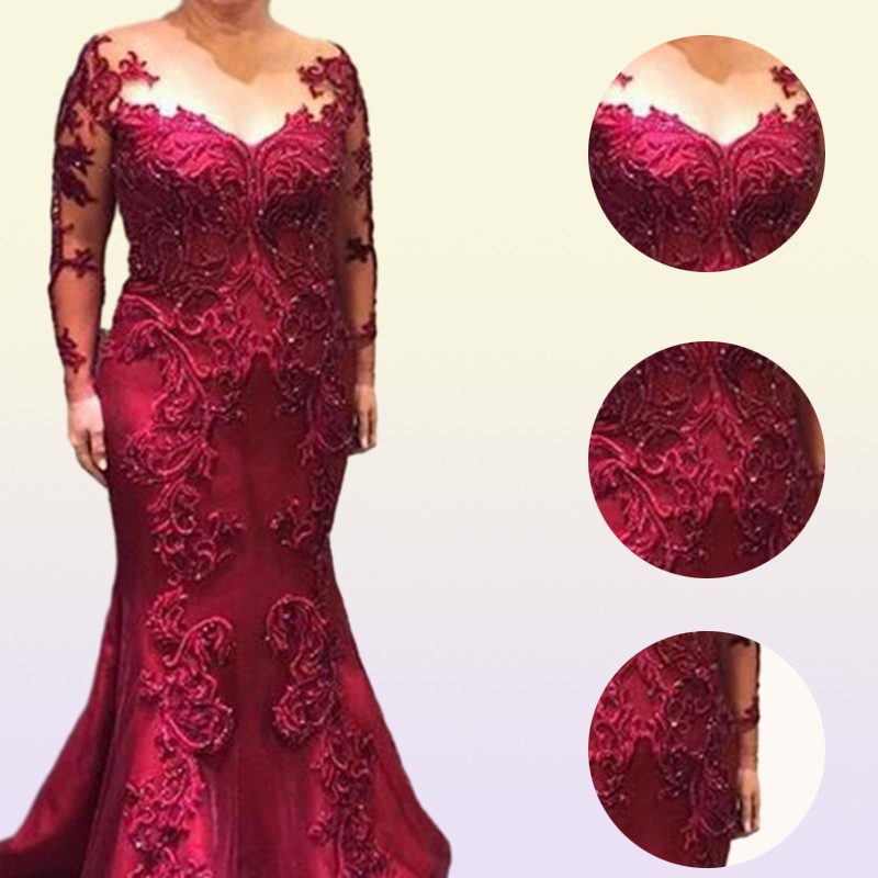 Dark Red MOTHER Of The Bride Dresses Lace Appliuque Beading Illusion Long Sleeves Formal Evening Gowns Gorgeous Wedding Groom