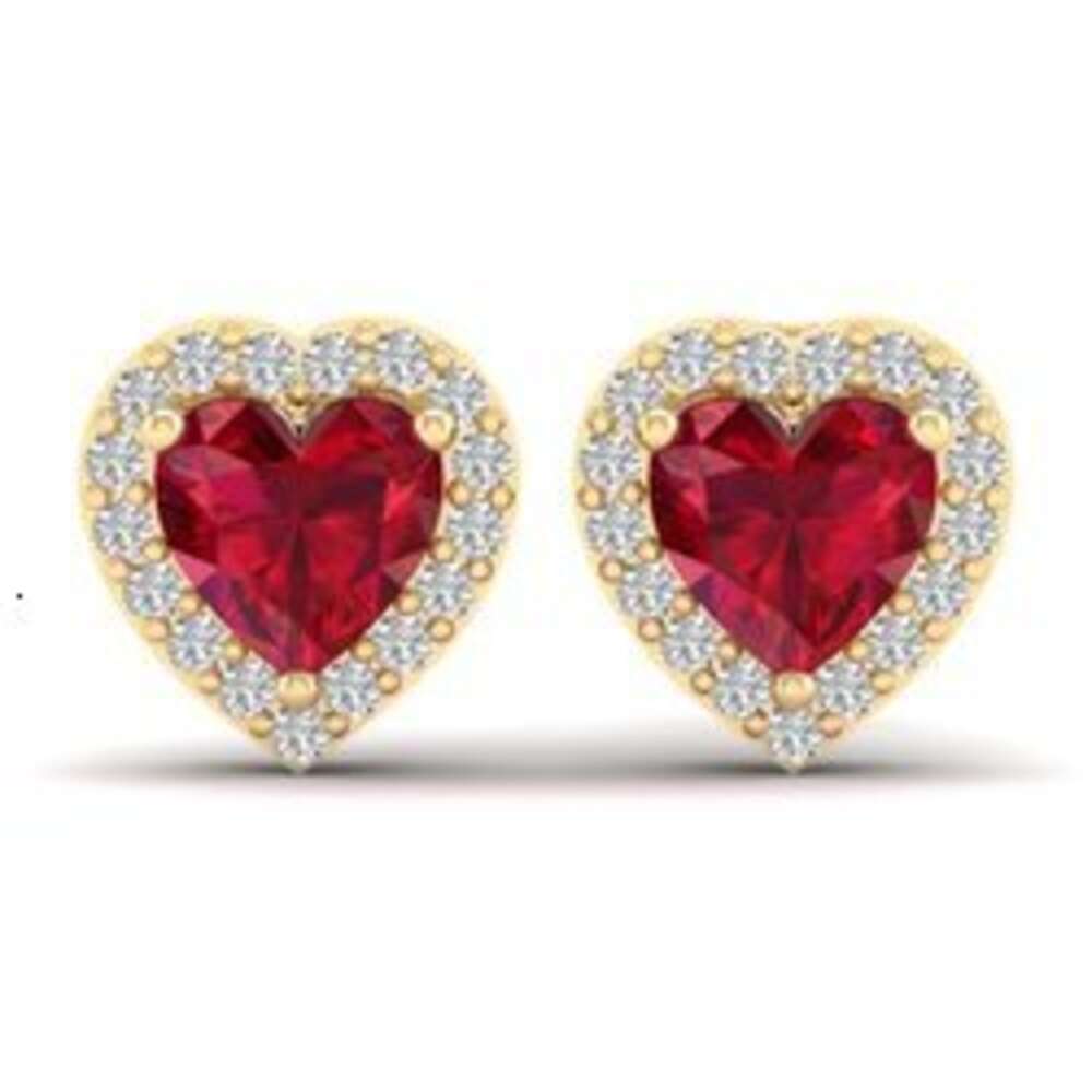 Charming Ruby Studs Halo Moissanite Love Heart Shaped Red Birthstone Rhodium Plated 925 Sterling Silver