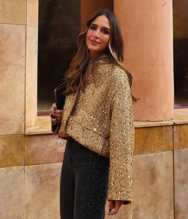 Women's Jackets Metal Color Sequin O Neck Jacket For Women Loose Stand Collar Long Sleeve Coat Gold 2023 Autumn Winter Street Female Outwear 2310