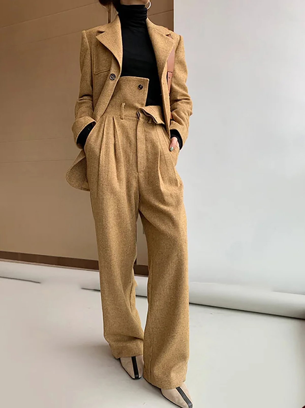 Winter Woolen Women Cloth Suits Custom Made Lady Fashion Long Sleeve V Neck Oversized Blazer Wide Leg High Waist Pants 2 Pieces