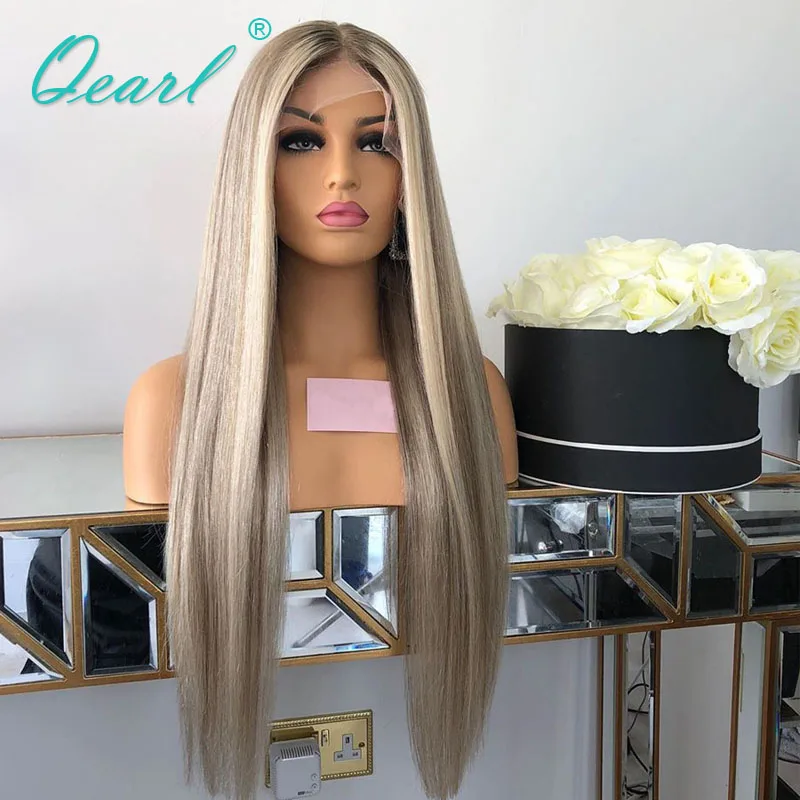 Free shipping Ash Blonde Highlights Wigs Transparent Full Front Human Hair for Women Bone Straight Natural Real Lace Frontal Wig Qearl