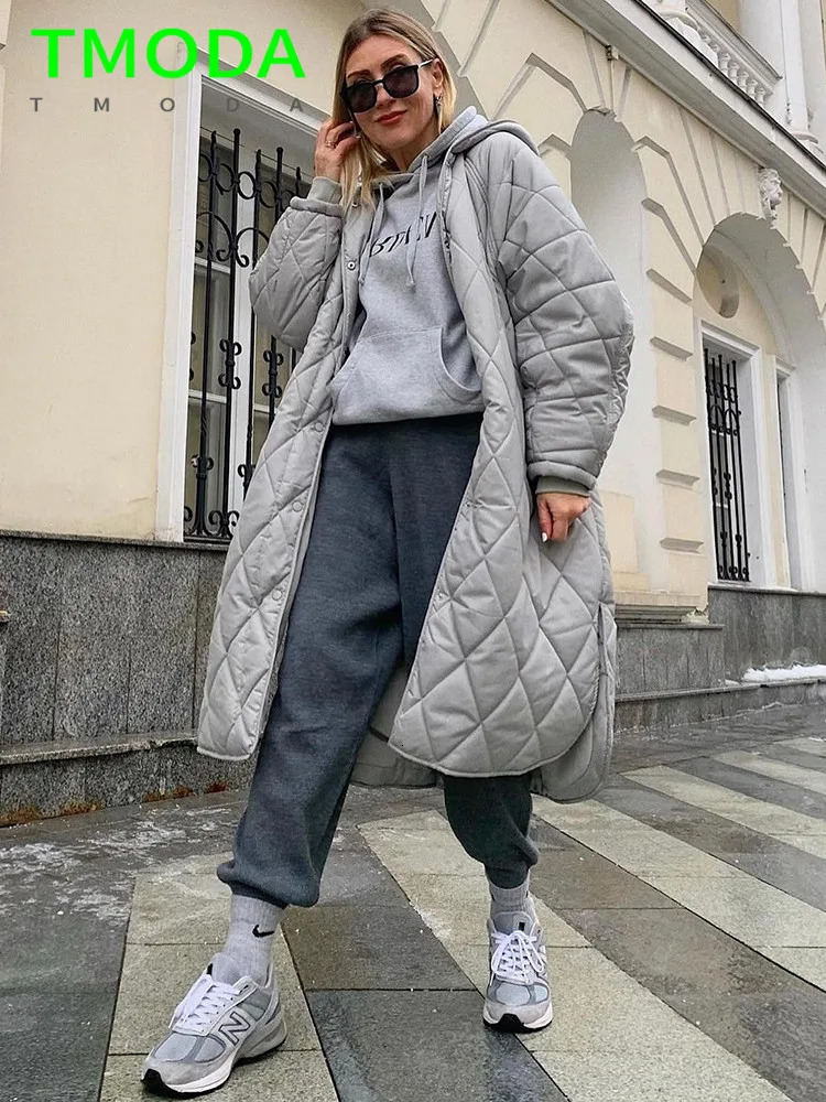 Women's Down Parkas T MODA 2023 Women Loose Warm Midlength Hooded Cotton Jacket Quilted Coat Ladies Pattern Parka Casual Female Chic Thick Outwea