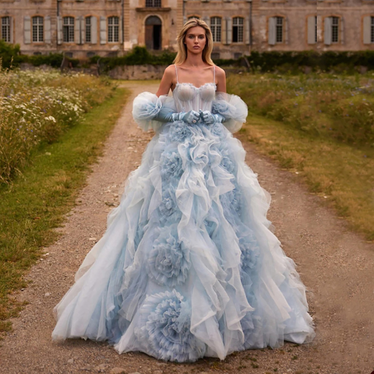 Vintage Tulle Princess Evening dresses Spaghetti Straps Ruffles Puffy Prom Dresses Custom Made Floor Length Robe de mariee