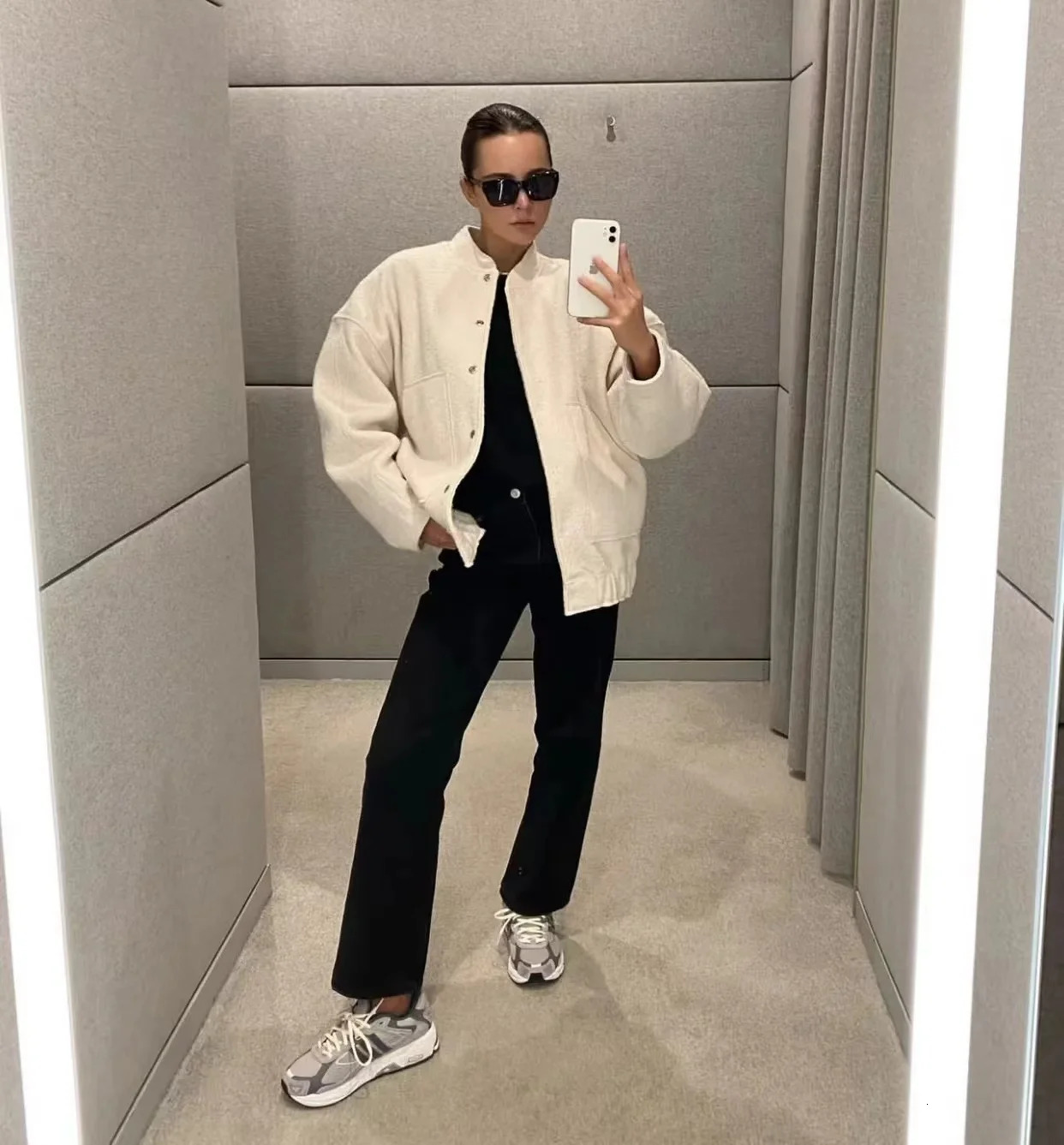 Women's Jackets 2023 Autumn Winter With Buttons Bombers Grey Long Sleeve Coat Lady Vintage Warm Pockets Outwear 231031