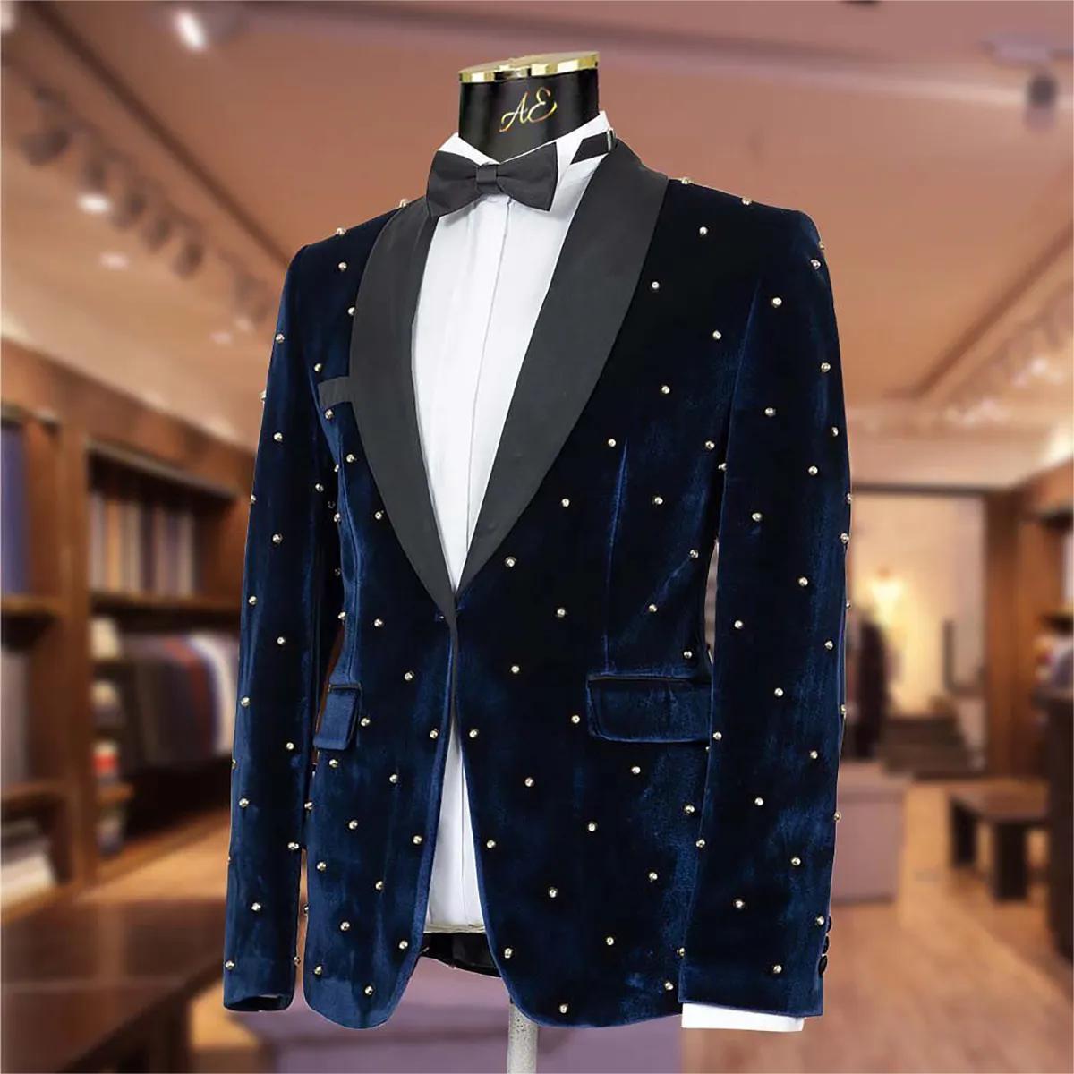 Navy Beaded Velvet Wedding Tuxedos Rhinestones Mens Suits 2 Pieces Sets Shawl Lapel Blazers One Button Formal Suit With Jacket And Pants