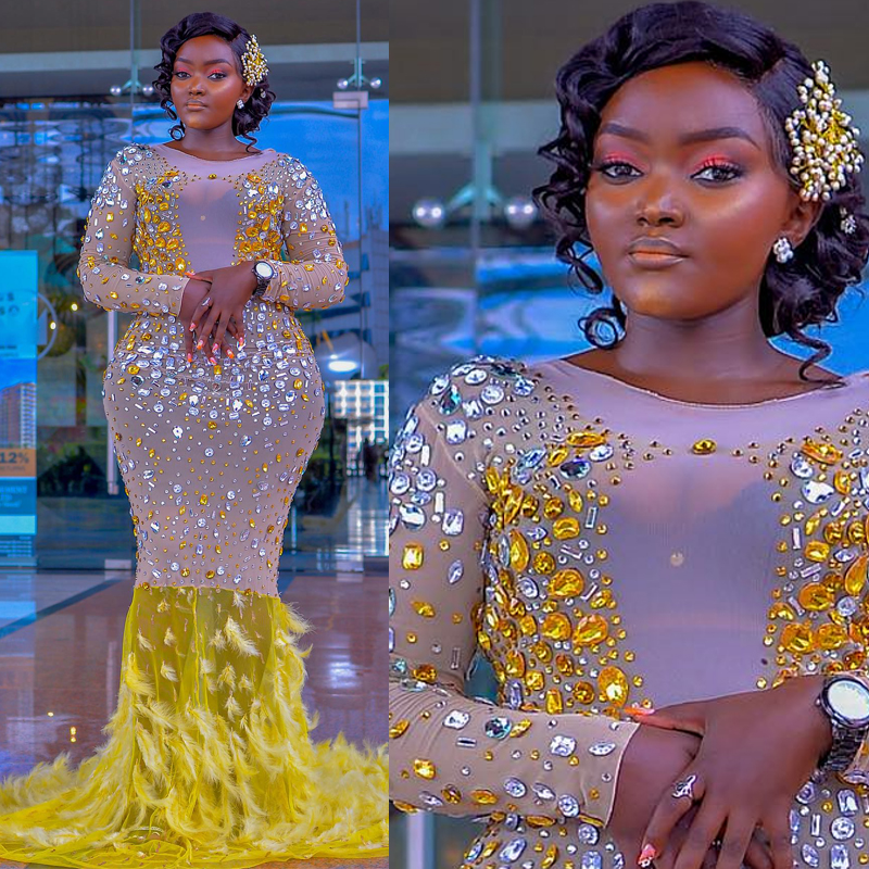 Plu Size Feather Ao Ebi Prom Dree Mermaid Yellow Long Sleeve Colorful Tulle Beaded Rehinetone African Nigeria Glitter Evening Dre Second Reception