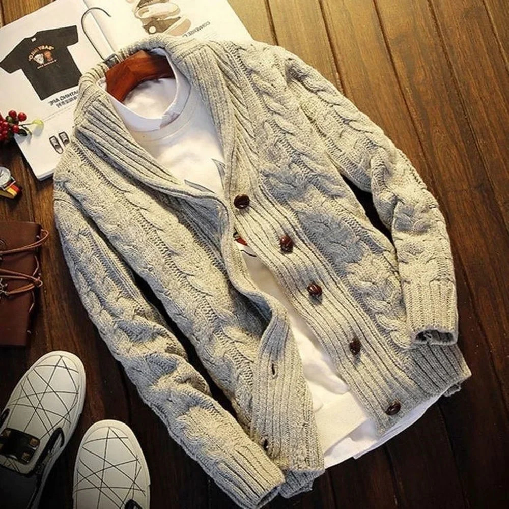 Men's Wool Blends Men Sweater Coat Casual Thicken Cardigan Sweater Men Button Up Coat Pure Color Chunky Knit Cardigan Men Fashion Clothing Hood 2