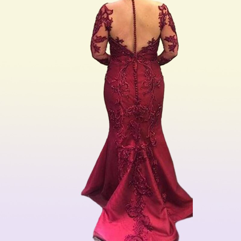 Dark Red MOTHER Of The Bride Dresses Lace Appliuque Beading Illusion Long Sleeves Formal Evening Gowns Gorgeous Wedding Groom
