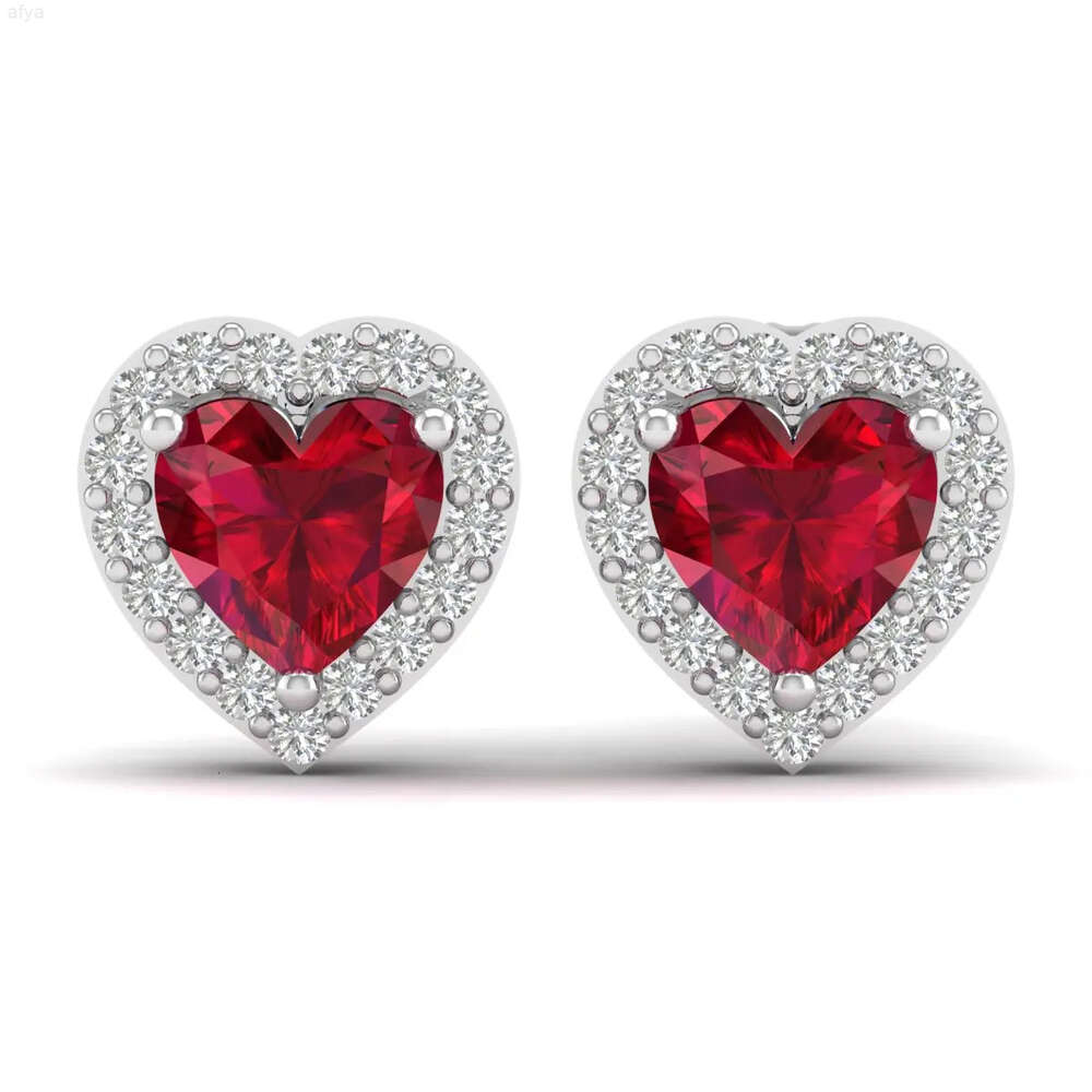 Charming Ruby Studs Halo Moissanite Love Heart Shaped Red Birthstone Rhodium Plated 925 Sterling Silver