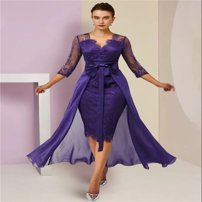 Lace Purple Mother Of The Bride Dresses V Neck Suits Dress Wedding Guest Gowns With Cape Half Sleeve Chiffon Mothers Groom Dress s
