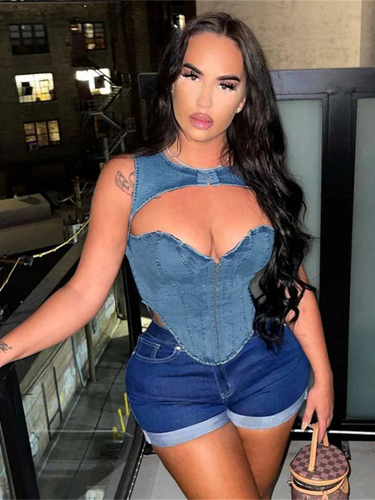 Camisoles Tanks Weird Puss Denim Hollow Women Tank Tops Single Breasted Irregular Non Stretch Summer Fashion Wild Streetwear Y2K Hipsters Vest 231101