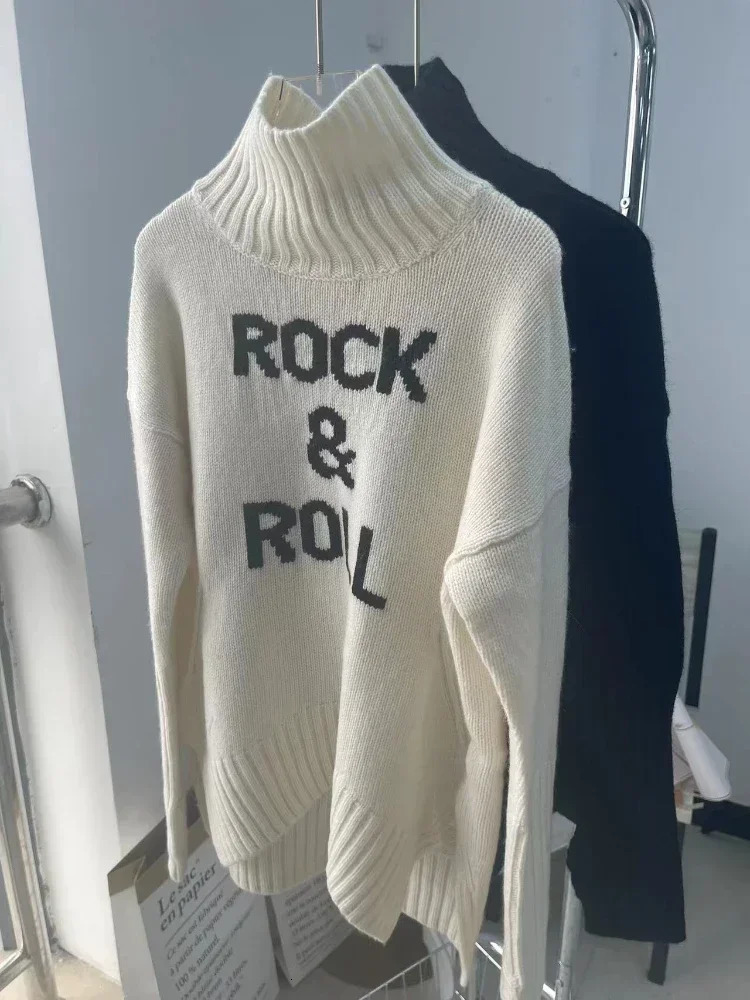 Women's Sweaters 100 Cashmere Autumn Winter Women Turtleneck Sweater 2023 Black White Letter Alma Rock Female Tops Jumper 231031