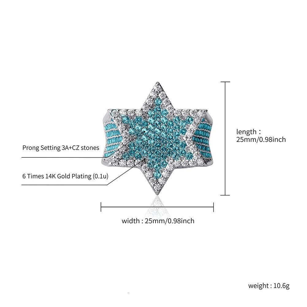 Wedding Rings TOPGRILLZ Hexagon Star Silver Color Blue Iced Out Cubic Zircon Micro Paved Personality Hip Hop Jewelry For Gifts 231101