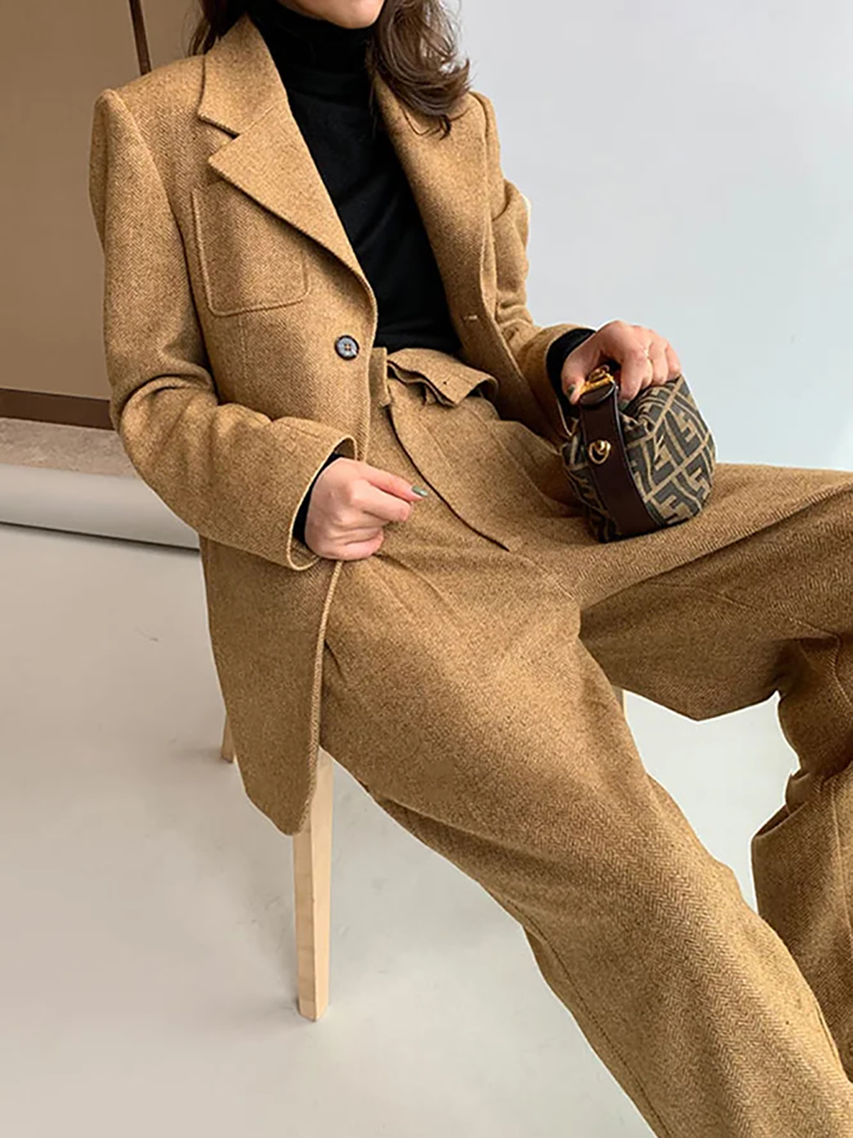 Winter Woolen Women Cloth Suits Custom Made Lady Fashion Long Sleeve V Neck Oversized Blazer Wide Leg High Waist Pants 2 Pieces