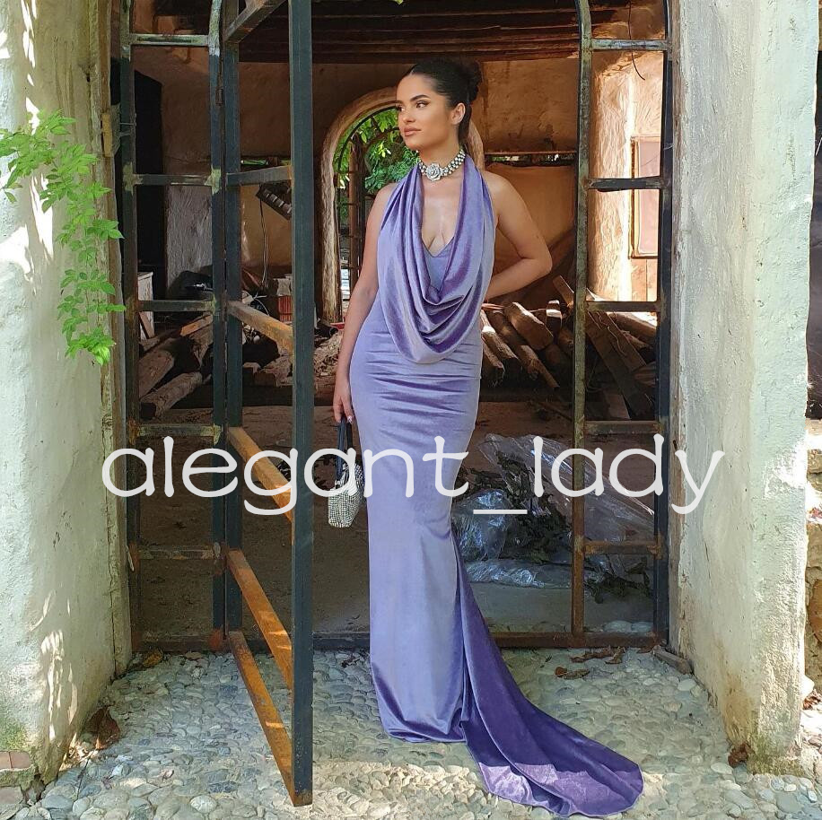 Lilac Lavender Velvet Mermaid Long Prom Dress for Women Halter Neck Backless Runway Celebrity party Guest Evening Gown