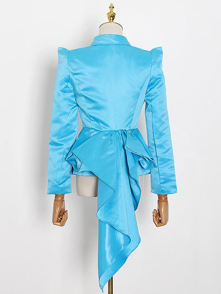 Women's Jackets VGH Irregular Blue Casual Jacket For Women Lapel Long Sleeve High Waist Solid Coat Female Autumn Fashion Clothing 231031