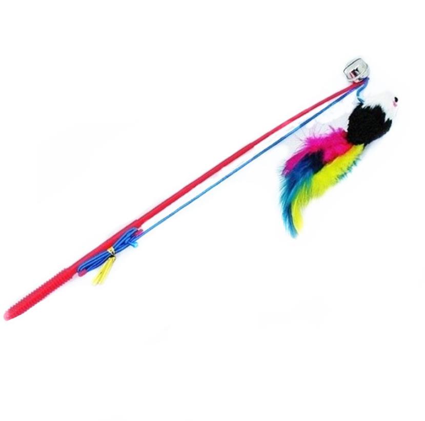 Pets Play Fly Over Wand Interactive Cat Toy Feather Bell Furry Mouse Teaser Stick for All Breed Sizes