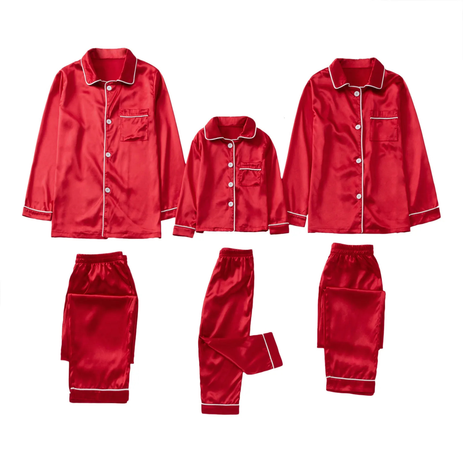 Family Matching Outfits 2PCS Christmas Satin Pajamas PJs Solid Family Matching Xmas Winter Long Sleeve Sleepwear Pants Set For Kid Boys Girls Woman Ma
