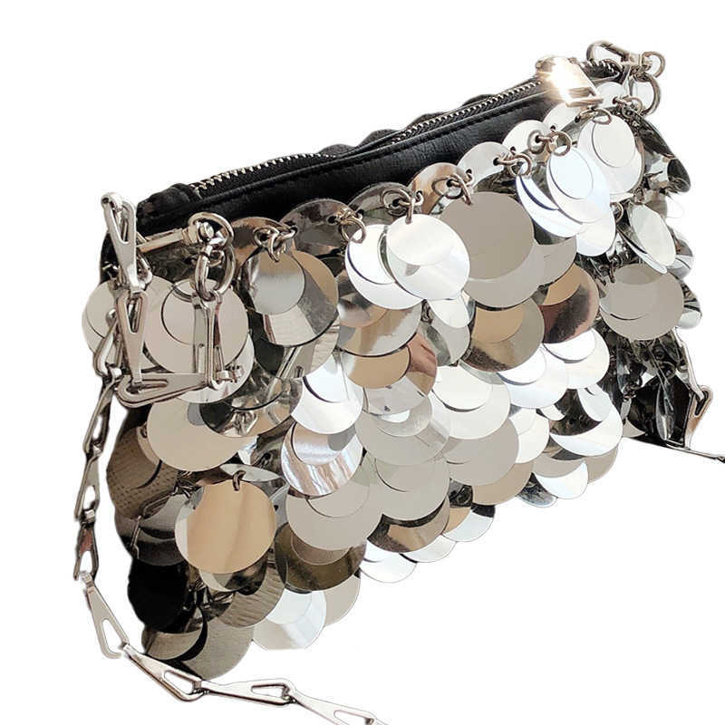 Silver shiny bag hand woven beaded sequin bag mobile phone bag long shoulder belt single shoulder messenger bag female 230401