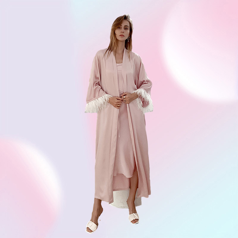 YAOTING Kimono Pink Silk Luxury Pajamas Satin Sexy Woman Nightgown Custom Bathrobe Nightie Sleepwear Home Clothes Robe 2205103820492
