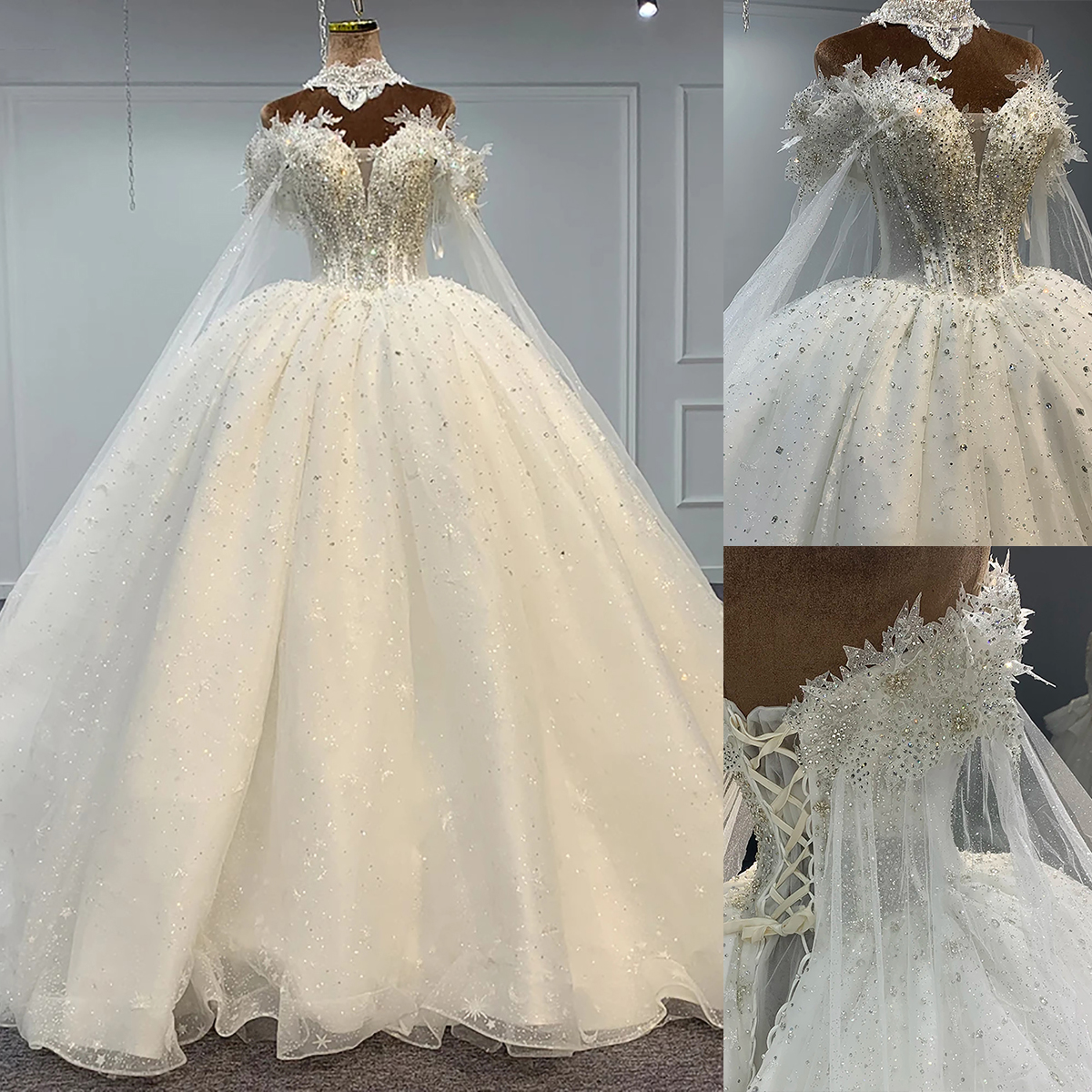 Modern Ball Gowns Wedding Dresses Elegant Lace Up Back Bridal Gowns Sequins Beading Bride Dress Custom Made Robes