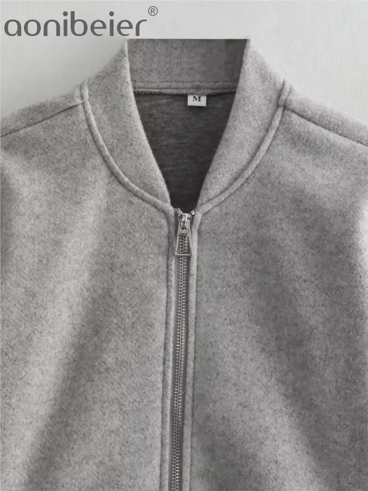 Women's Jackets Aonibeier Grey Women Loose Bomber Jacket Traf 2023 Winter Long Sleeve Zipper Short Coat Oversize Female Crop Top Y2K Outwear 2310
