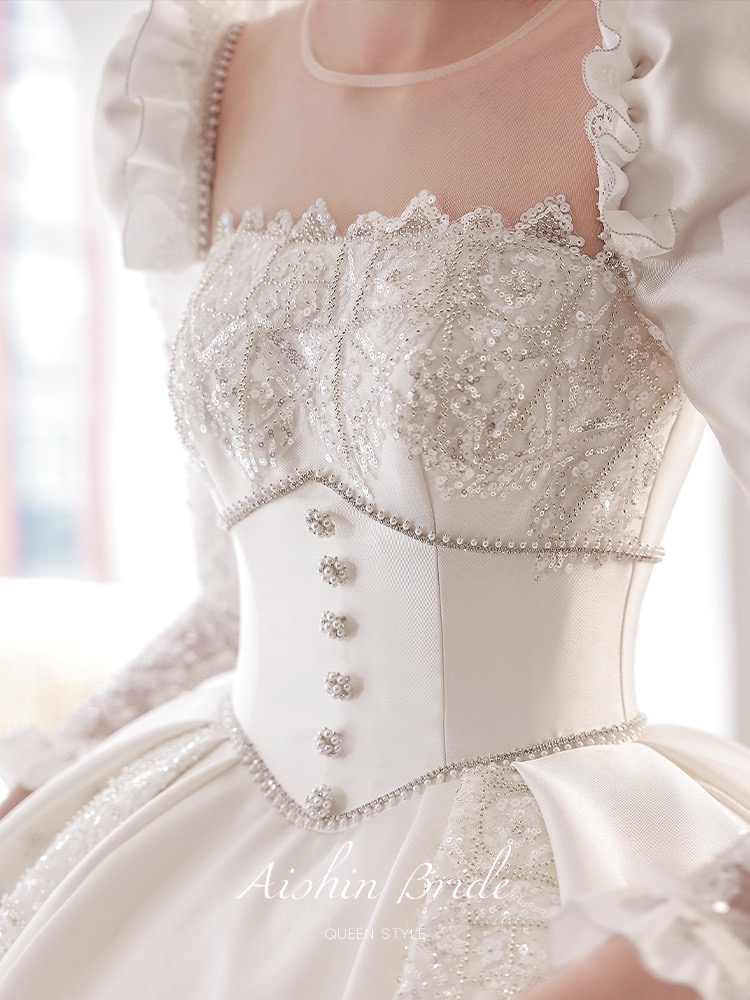 Shiny satin Muslim Wedding Dresses Long Sleeves Beading Plus Size Bridal Gowns Arabic Sequins Robes De Mariee new sequined crystal princess ball wed g