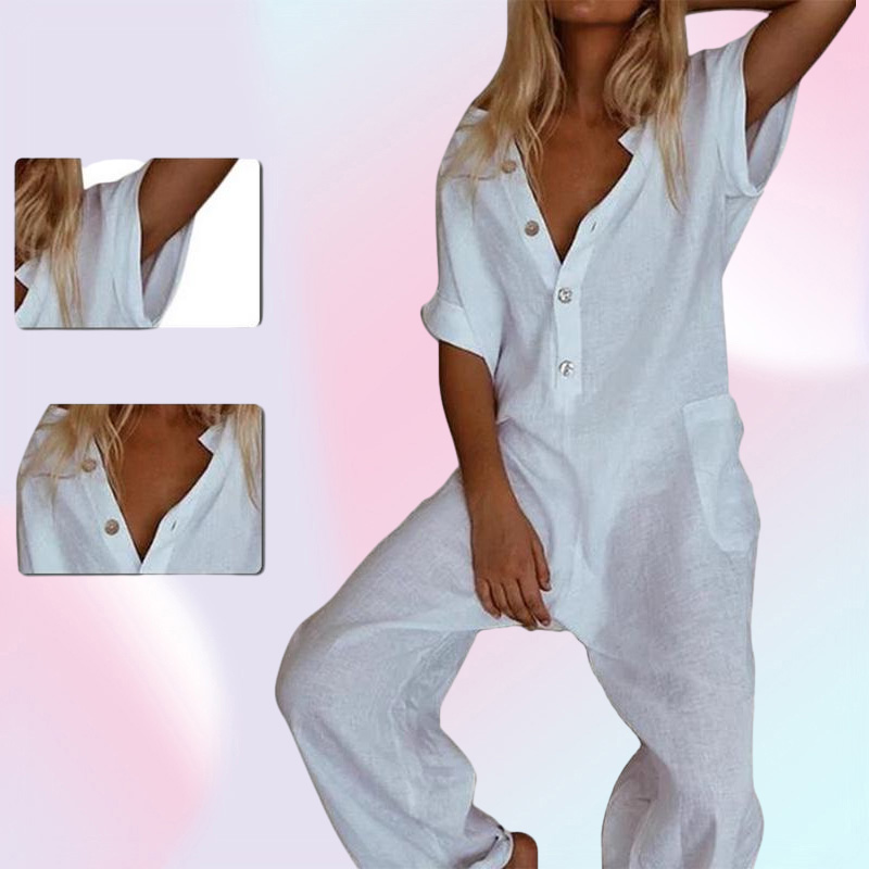 Summer Jumpsuit Cotton Linen High Quality Loose Womens Jumpsuits Fashion Casual Overalls Solid Short Sleeve Romper Women039s