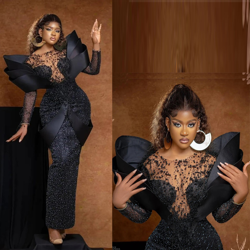 Aso Ebi Mermaid Prom Dresses Cap Long Sleeves Tulle Beaded Rehie African Glitter Sexy Evening Dress Second Reception Gowns Party Club Formal