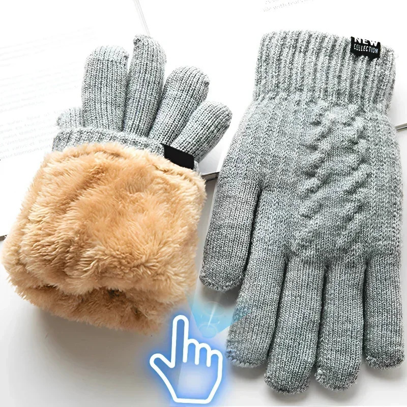 Five Fingers Gloves Men s Warm Full Finger Winter Touchscreen Plus Fleece Woman Thickening Wool Knitted Cycling Driving 231101