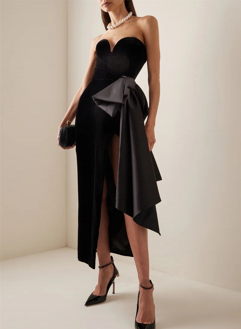 Black Velour Short Women Prom Party Dress 2025 Sweetheart Big Bow Side Split Simple Ankle Length Evening Formal Gowns Celebrity Wear Robe De Soiree