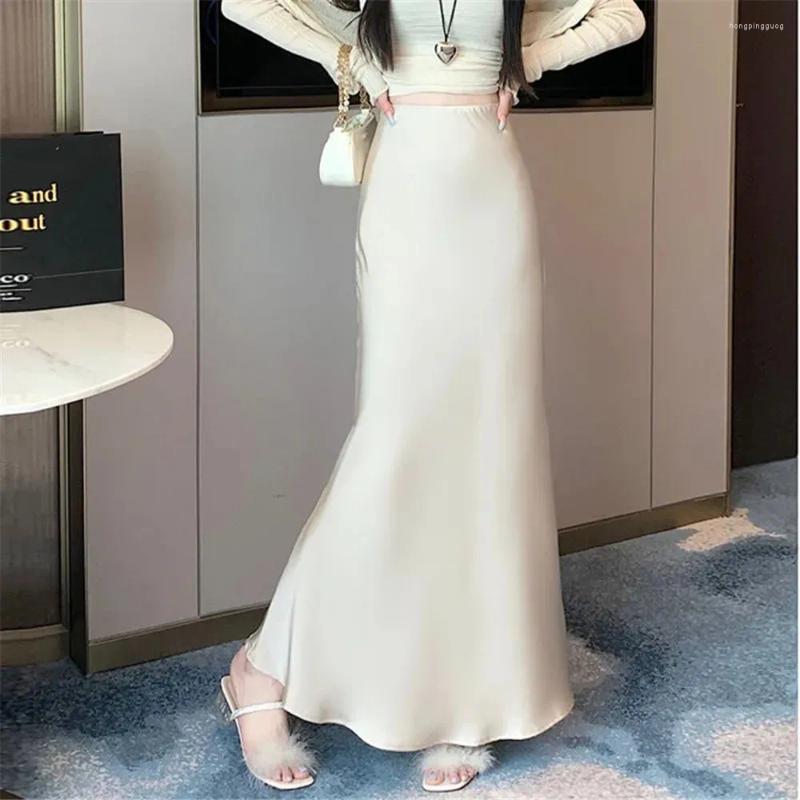 Women's Satin Silk High-Waisted Fishtail Midi Skirt For Elegant Fall Look