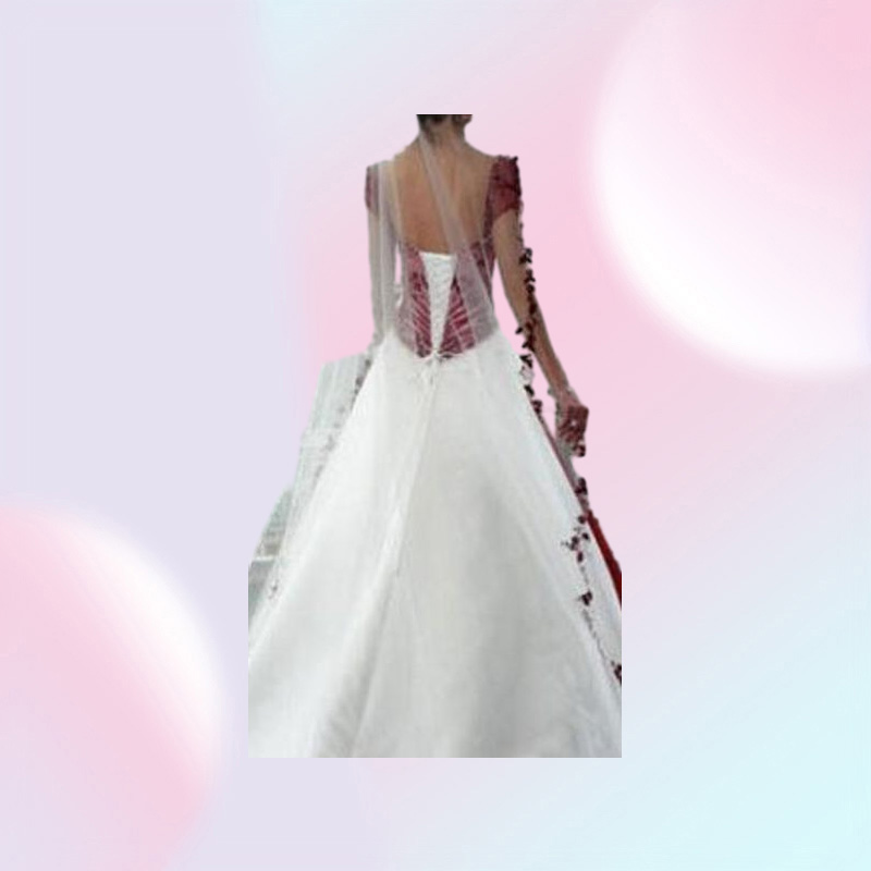 Retro Design White and Red Wedding Dresses Cap Sleeve Appliques Lace Pleated Tulle Satin A Line Bridal Gowns Custom Size6050566