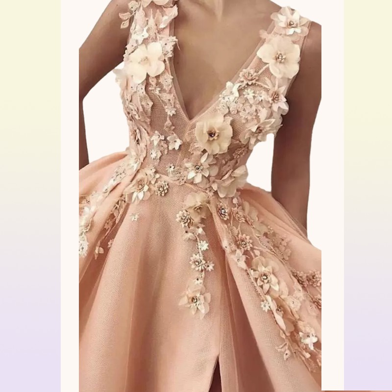 Newest Peach Prom Dresses V Neck Hand Made Flowers 3D Side Slit Tulle Floor Length Evening Dresses Gowns Pink Women Dresses B