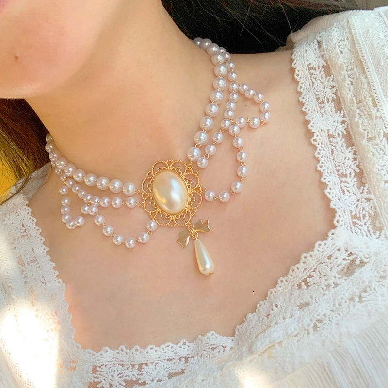 Chokers MENGJIQIAO Vintage Style 2 Layers Pearl Choker Necklace For Women Elegant Bowknot Pendant Wedding Jewelry 231101