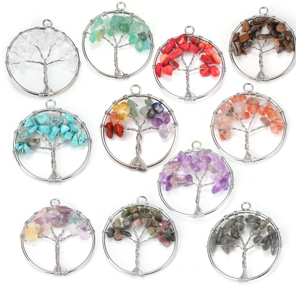 Natural Wire Wrap Tree of Life Healing Crystal Pendant 7 Chakra Stone Pendant Crystal Necklace Women Men Jewelry
