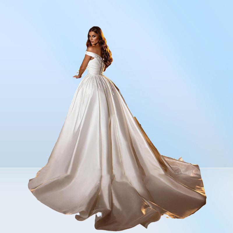 Modest Satin Mermaid Wedding Dresses With Detachable Sweep Train Elegant Off Shoulder Beaded Cyrstals Corset Back Bridal Gowns Ves