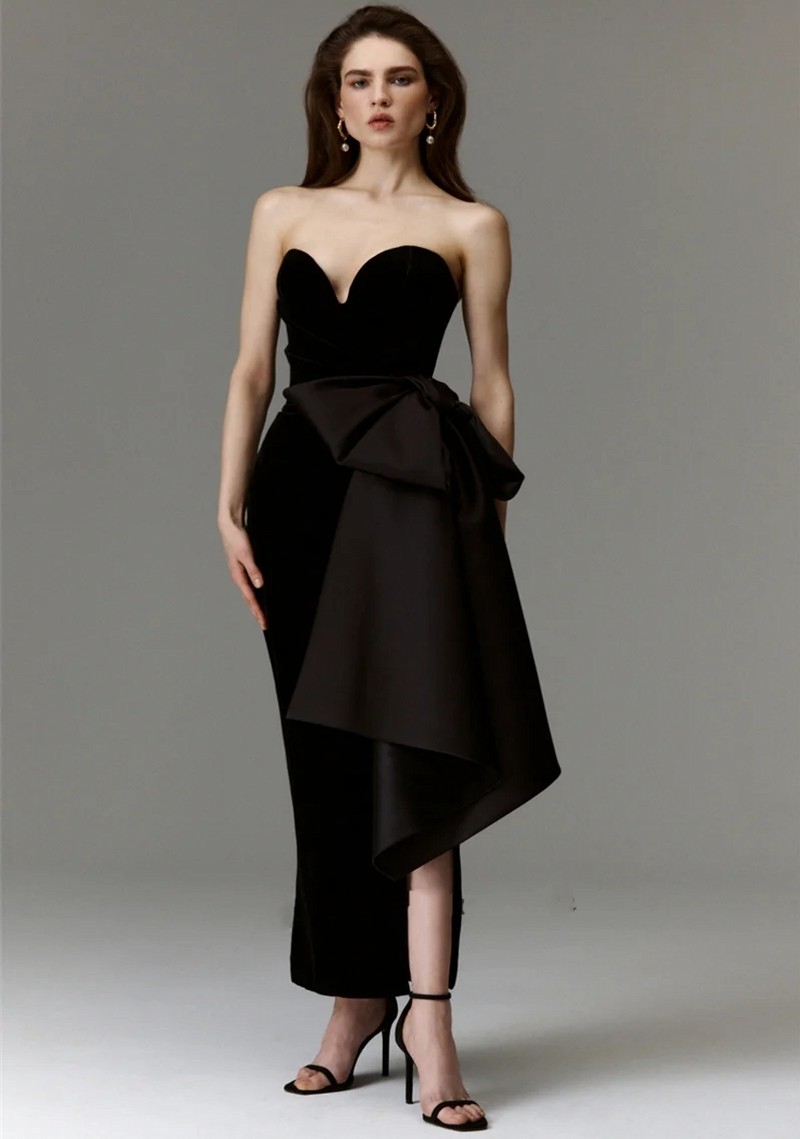 Black Velour Short Women Prom Party Dress 2025 Sweetheart Big Bow Side Split Simple Ankle Length Evening Formal Gowns Celebrity Wear Robe De Soiree