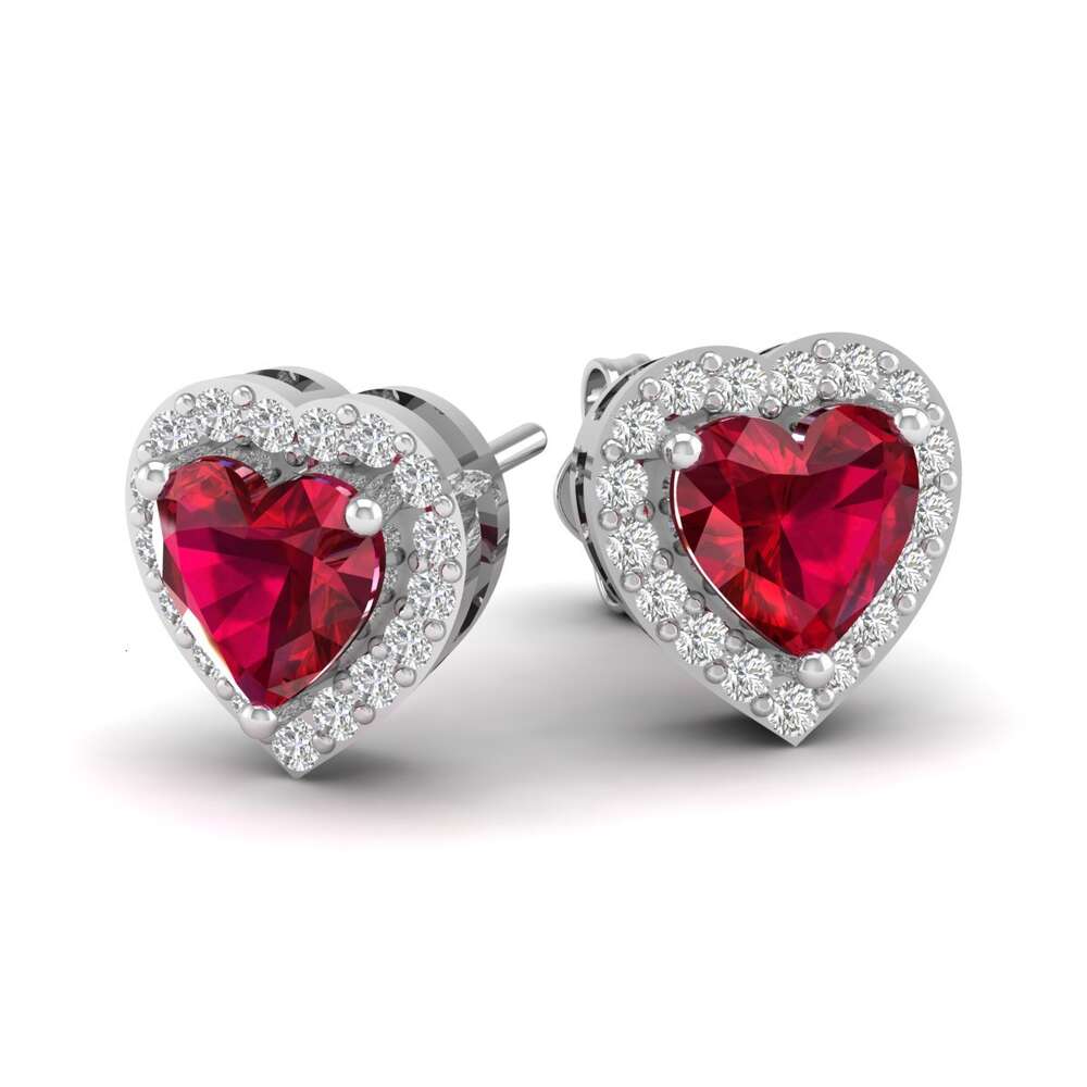 Charming Ruby Studs Halo Moissanite Love Heart Shaped Red Birthstone Rhodium Plated 925 Sterling Silver