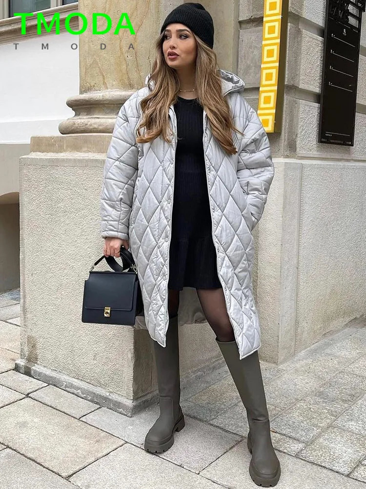 Women's Down Parkas T MODA 2023 Women Loose Warm Midlength Hooded Cotton Jacket Quilted Coat Ladies Pattern Parka Casual Female Chic Thick Outwea