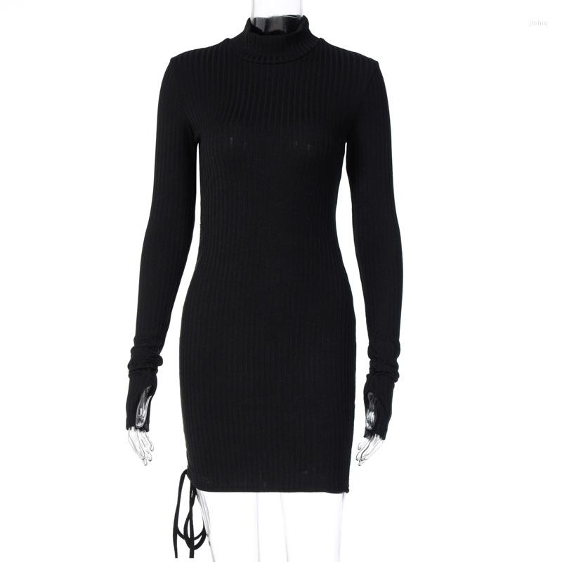Casual Dresses Ribbed Stripe Women Mini Dress Black Drawstring Ruched Lace Up Long Sleeve Bodycon Bandage Sexy Party Club Elegant Autumn