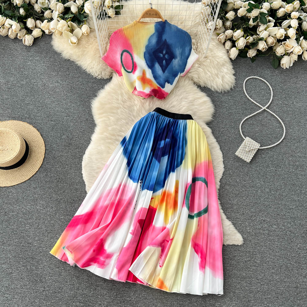 2023 Summer New Temperament OL WorkTwo Piece Dress Set Lapel Short-sleeved Knitted Shirt Contrast Color Stitching Pleated Skirt Sets