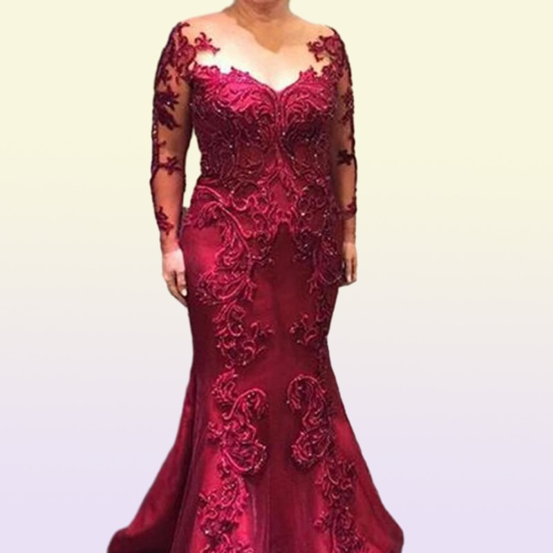 Dark Red MOTHER Of The Bride Dresses Lace Appliuque Beading Illusion Long Sleeves Formal Evening Gowns Gorgeous Wedding Groom