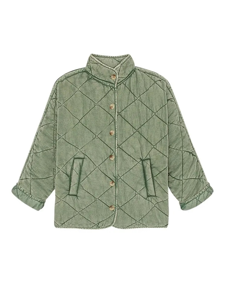 Women's Jackets Winter Solid Rhombic Lattice Quilted Jacket Stand Collar Single Breasted Pockets Cotton Coat Warm High Street Outerwear 231031