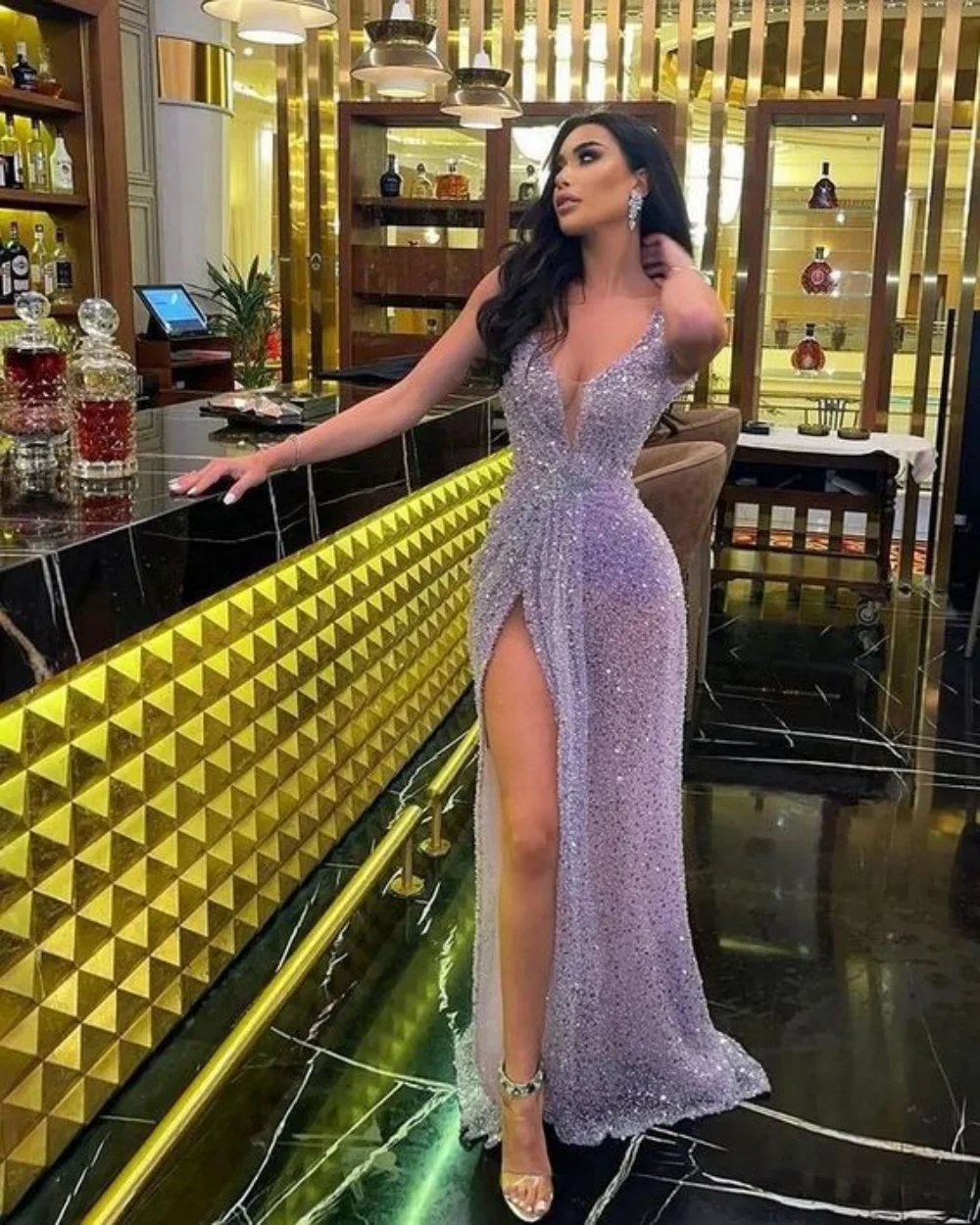 Sexy V Neck Long Prom Party Dress 2024 For Black Girl Beads Crystals Sequined Silt Birthday Gowns Formal Evening Dreses Robe De Soiree