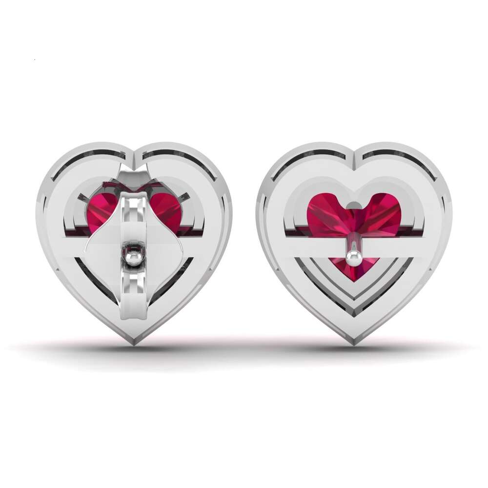Charming Ruby Studs Halo Moissanite Love Heart Shaped Red Birthstone Rhodium Plated 925 Sterling Silver