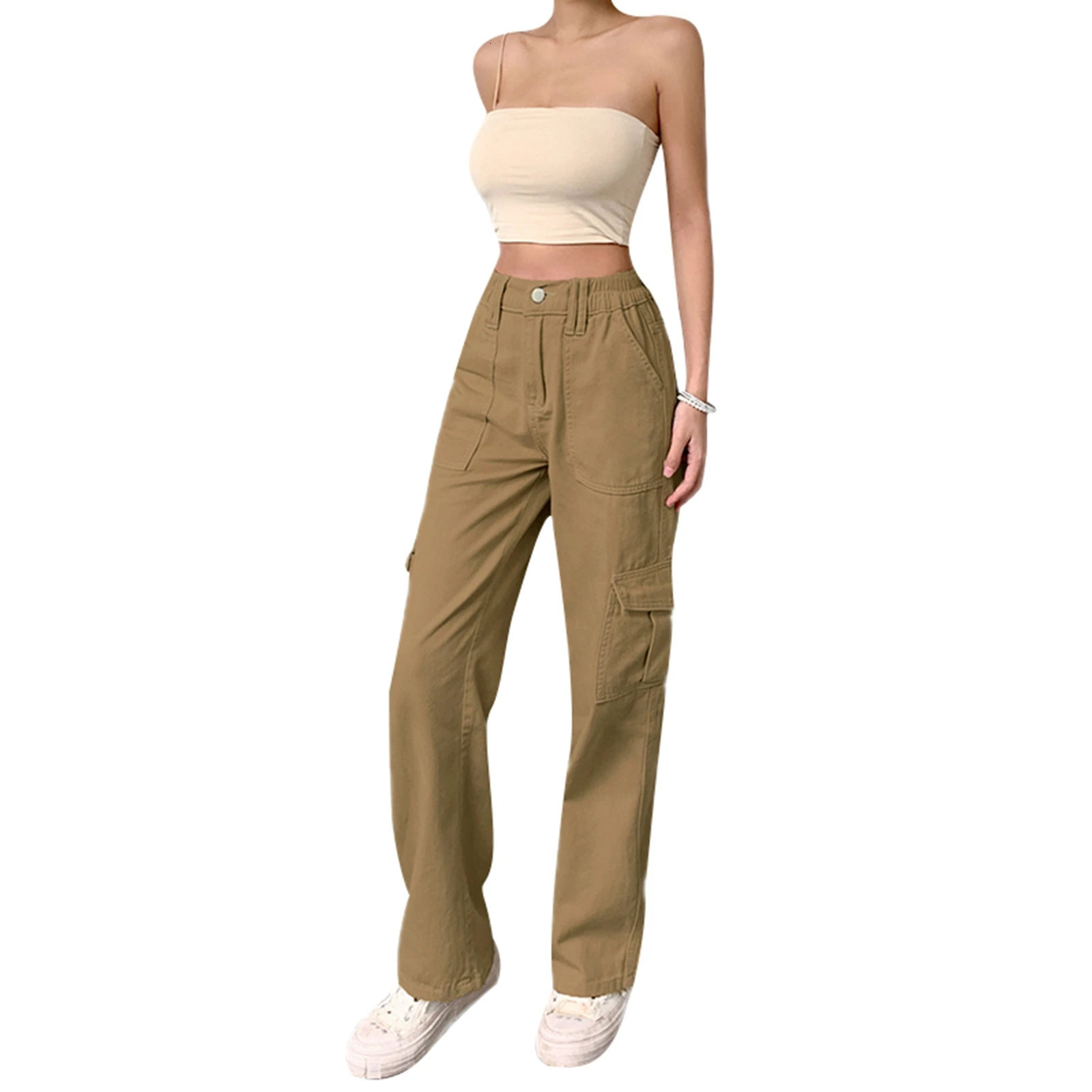 Women's Jeans Women Solid Color Cargo Pants High Waist Straight-leg Buckle Jeans with Pockets Khaki Brown 231101