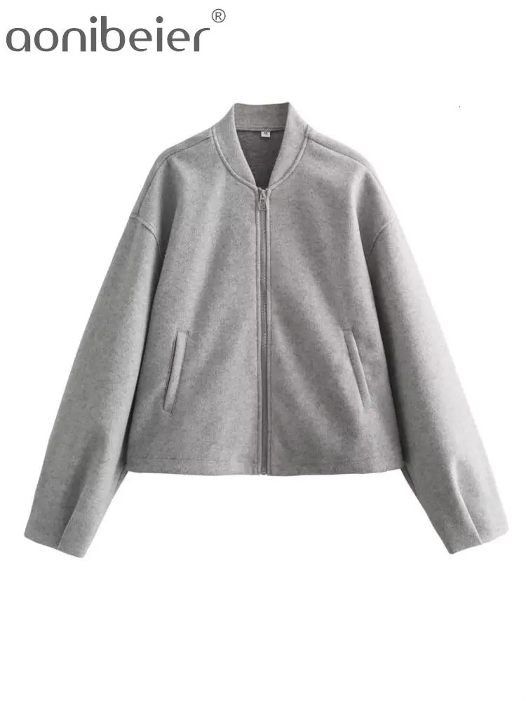 Women's Jackets Aonibeier Grey Women Loose Bomber Jacket Traf 2023 Winter Long Sleeve Zipper Short Coat Oversize Female Crop Top Y2K Outwear 2310