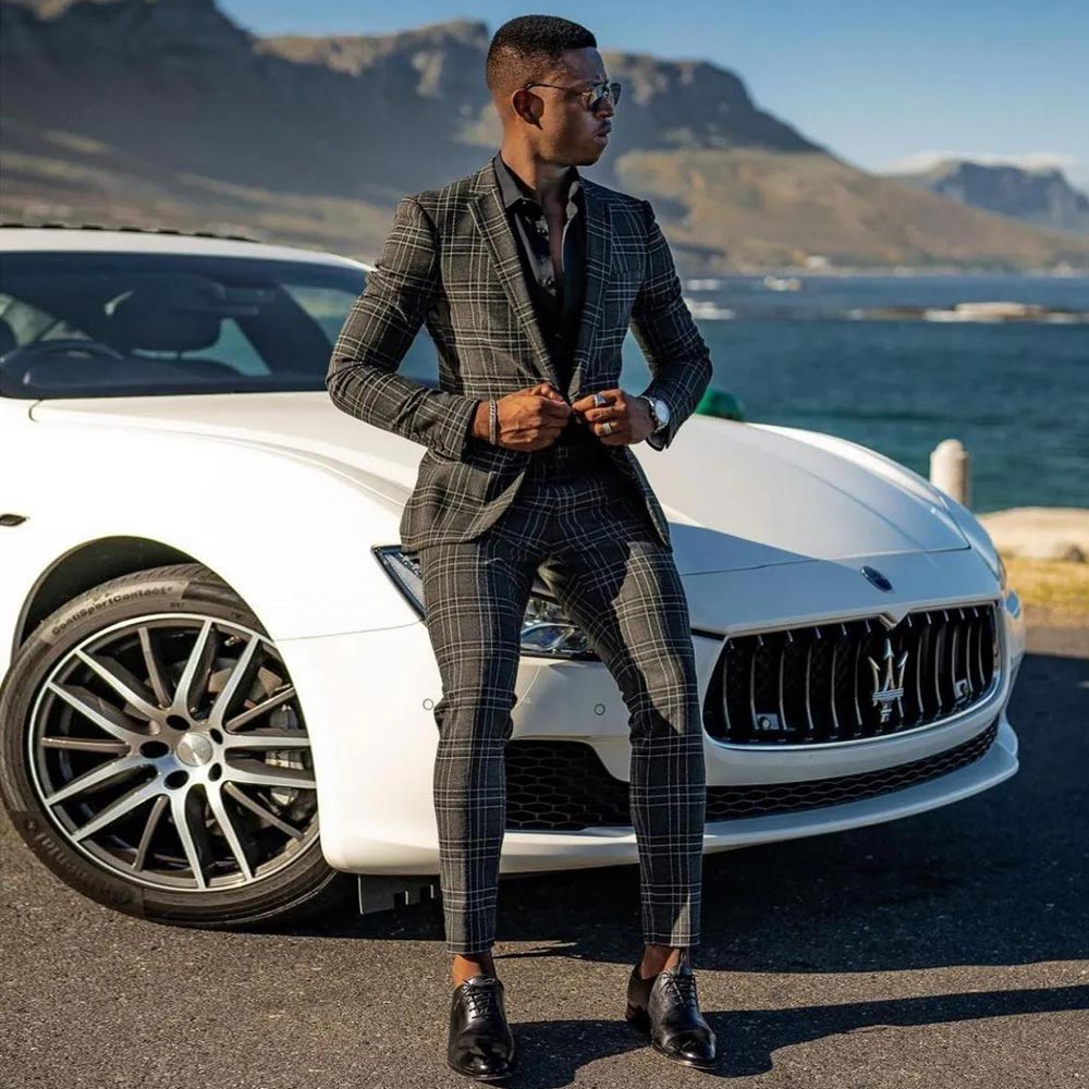 Gray Checked Wedding Tuxedos Slim Fit Mens Suits 2 Pieces Sets Notched Lapel Blazers Formal Suit With Jacket And Pants