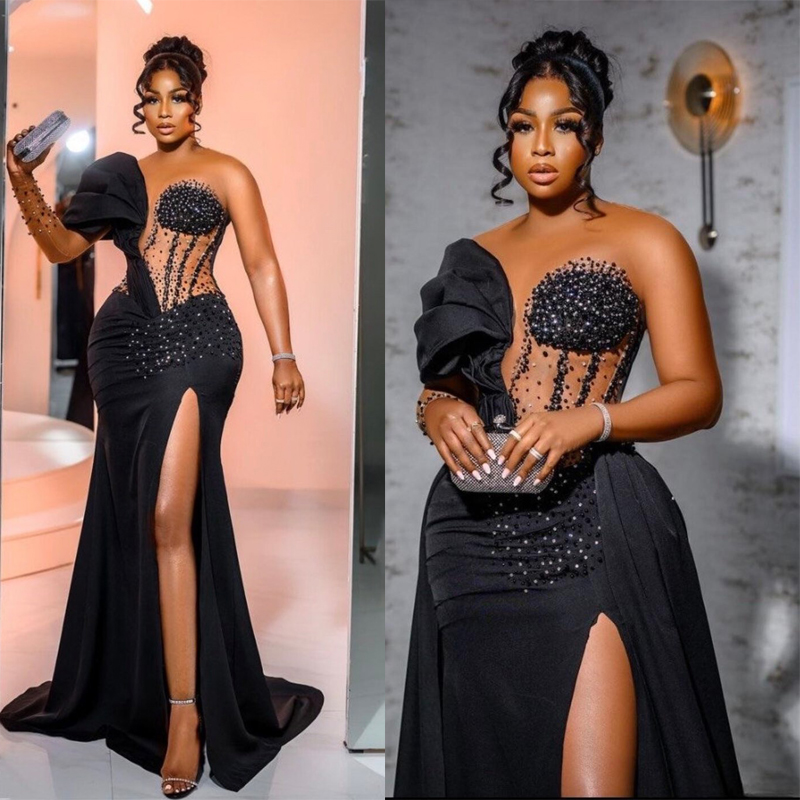 Plus Size Aso Ebi Prom Dresses Black One Shoulder Side Split Satin Beaded Rhie African Nigeria Women Evening Dress Second Reception Gowns